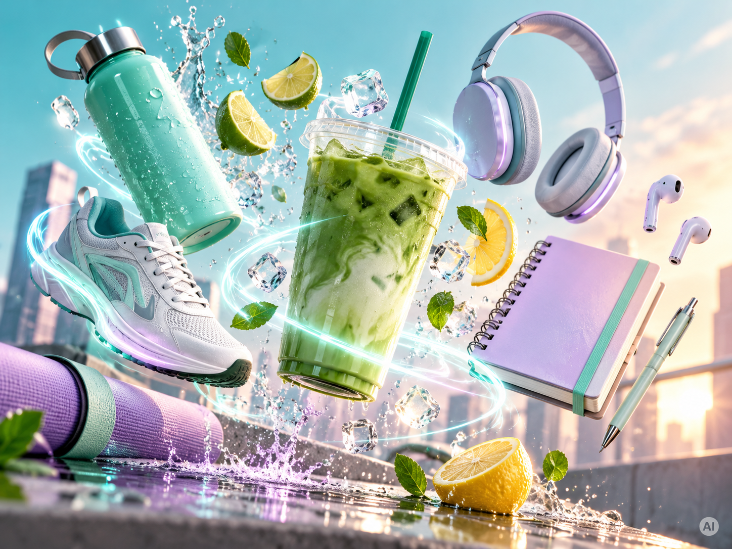 Schwebende Wellness Essentials im Pastelllicht